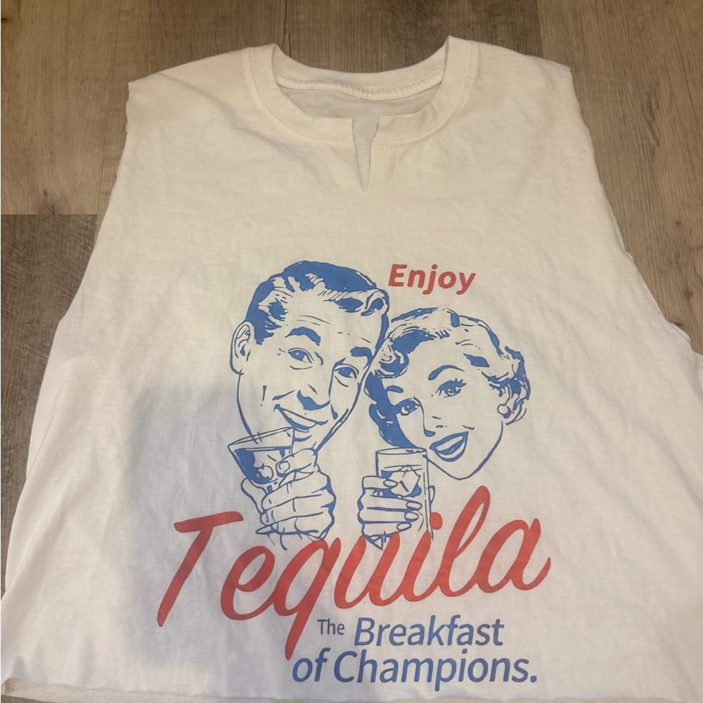 White Sleeveless Tee with Tequila‎ Graphic